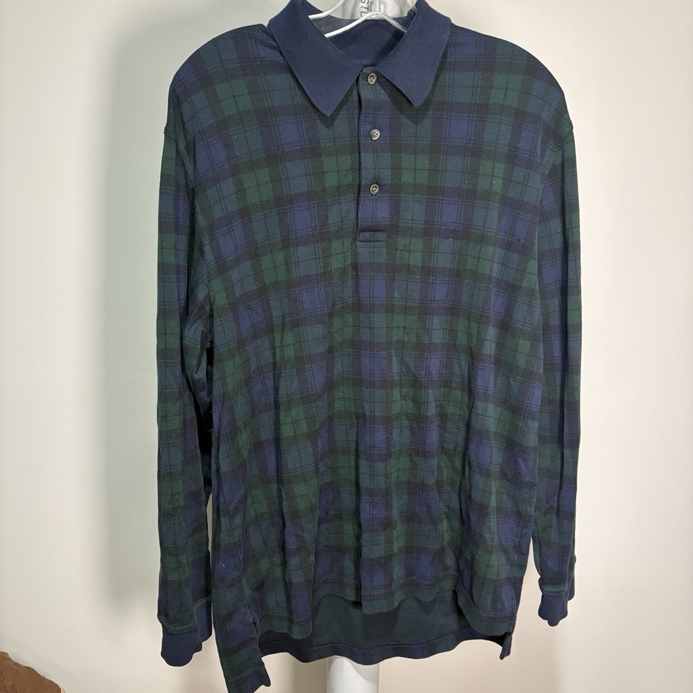 VTG Brooks Brothers Performance Knit Mens Navy Green Plaid Long Sleeve Polo Sz M